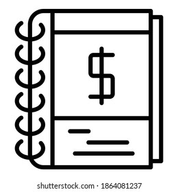 Notebook-Geldberichtssymbol. Umriss-Notebook-Geld-Bericht, Vektorsymbol für Webdesign einzeln auf weißem Hintergrund