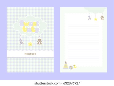 Notebook for mother`s notes about baby, cover and inside page design vector.