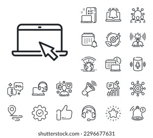 Notebook with mouse cursor sign. Place location, technology and smart speaker outline icons. Laptop computer icon. Portable personal computer symbol. Portable computer line sign. Vector