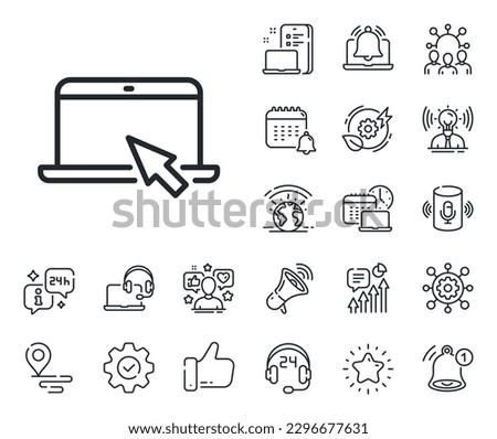 Notebook with mouse cursor sign. Place location, technology and smart speaker outline icons. Laptop computer icon. Portable personal computer symbol. Portable computer line sign. Vector