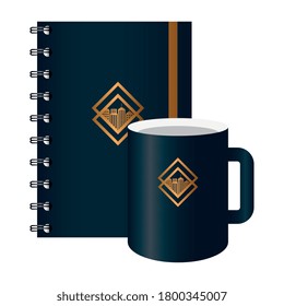 notebook and mug black mockup, with golden sign, corporate identity vector illustration design