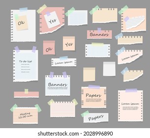 Portátil, hojas y piezas de varios colores. Notas pegajosas de papel, mensajes memo, notas y hojas de papel rotas. diferentes notas en cinta adhesiva y clips de encuadernación, tarjeta de recordatorio. Ilustración del vector