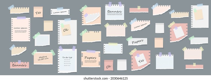 Notebook, multi colored sheets and pieces. Paper sticky notes, memo messages, notepads and pieces torn paper sheets. different notes on sticky tape and binder clips, reminder card. Vector illustration