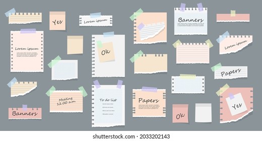 Notebook, multi colored sheets and pieces. Paper sticky notes, memo messages, notepads and pieces torn paper sheets. different notes on sticky tape and binder clips, reminder card. Vector illustration