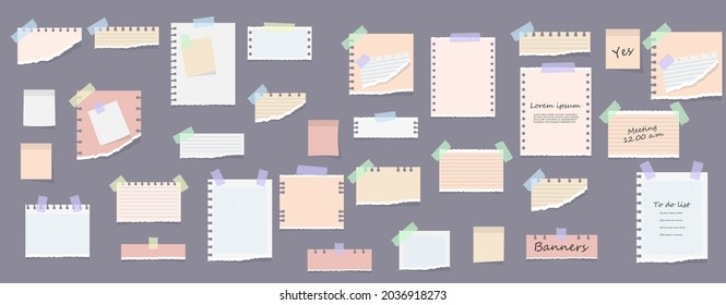 Notebook, multi colored sheets and pieces. Paper sticky notes, memo messages, notepads and pieces torn paper sheets. different notes on sticky tape and binder clips, reminder card. Vector illustration