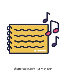 notebook with music notes line and fill style vector illustration design