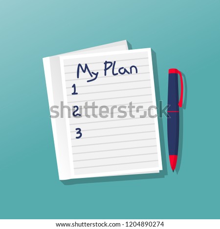 Notebook with my plan. Personal planning. Motivation, goals in life. Vector illustration flat design. Isolated on background. Notepadpad template. Blank notebook with a list. Scratchpad blank.