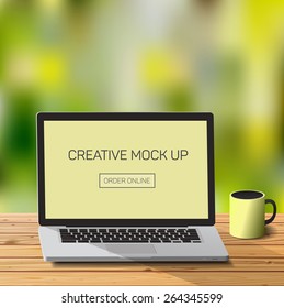 Notebook at nature, outdors work laptod desktop, vector illustration