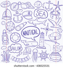 Notebook Nautical Sea Sailor Doodle Icons Hand Made vector Illustration sketch.