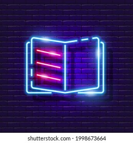 Notebook neon sign. Notepad with text glowing icon. Vector illustration for design. School concept.