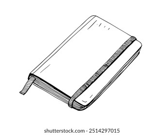 Bloco de notas, bloco de notas com indicador. Organizador de escritório, planejador de papel, diário de negócios, diário no estilo retro esboçado vintage. Ilustração de vetor desenhada à mão contornada isolada no plano de fundo branco