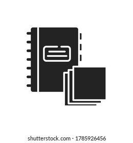 Notebook and note paper black glyph icon. School supplies. Sign for web page, mobile app, banner, social media