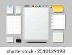 Notebook and note paper sheets, office supplies. Vector illustration