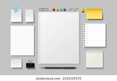 Notebook and note paper sheets, office supplies. Vector illustration