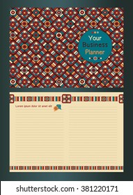 Notebook and note paper templates set with geometric African ethnic ornament, diary, brochure, book cover layout. Retro style version. Vector