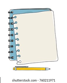 notebook note paper  and yellow pen hand drawn vector art illustration