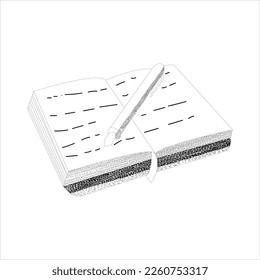 Notebook or notepad with a ballpoint above work desk.Notebook and pen hand drawing vector illustration.