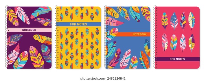 Notebook and notepad cover with bird feathers set. Colorful feather design for planner, brochure, book, catalog. Notepad with ethnic boho folk feather. Decorative layout page print vector template