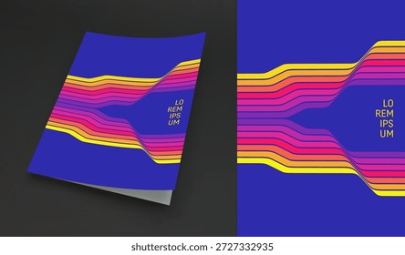 Um modelo de tampa de notebook ou notebook. Um fundo retrô dos anos 60, 70 ou 80. Um padrão de listras coloridas se dividem ao meio. Fitas curvas, abstratas e dinâmicas. Copiar espaço. Ilustração vetorial