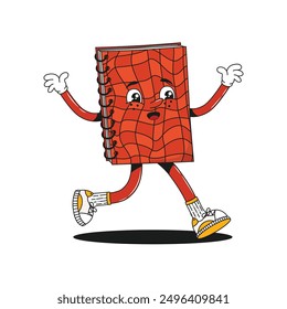Notebook, notepad. Mascot for stationery, social media, posters, products isolated on white background. Back to school funny groovy retro vintage psychedelic stationery character. Editable stroke. 