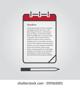 Notebook, notepad, pad, scratchpad, tablet, sketchpad with text  vector eps10 icon.  Pictograph of note.  vector eps10 illustration. 