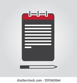 Notebook, notepad, pad, scratchpad, tablet, sketchpad with pencil vector eps10 icon.  Pictograph of note.  Vector eps10 illustration.  