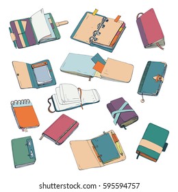 Notebook, notepad, planner, organizer, sketchbook hand drawn set. Collection of colorful illustrations.