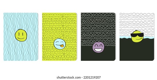 Notebook, notes or book covers. Trendy covers with smiley pattern. Front pages with texture geometric design.Trendy backgrounds