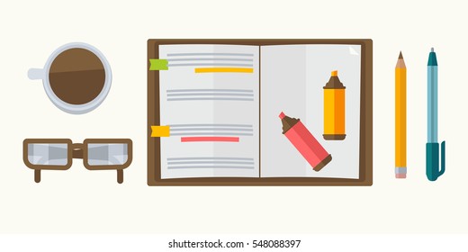 Notebook with notes, markers, pen and pencil, glasses and coffee cup. Icon set in flat design: open notepad, book with reminder. Business graphic illustration isolated on white