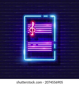 Notebook for notes neon icon. Music staff glowing sign. Music concept. Vector illustration for Sound recording studio design, advertising, signboards, vocal studio