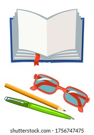 Portátil para notas, lápiz, lápiz, gafas. Sobre fondo blanco.