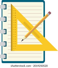 Notebook for notes. Pencil, rulers for schoolchildren. Flat design.