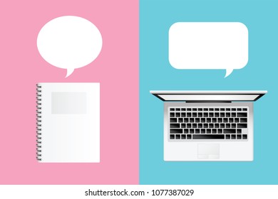 Notebook then and now concept. Laptop top view with balloon speech color background vector and illustration