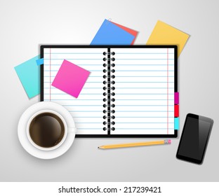 Notebook and office supplies. Vector.