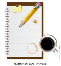 Notebook on desktop for work job with coffee