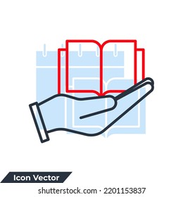 notebook on hand icon logo vector illustration. safe education symbol template for graphic and web design collection