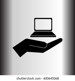 Notebook on the hand icon, present PC vector icon