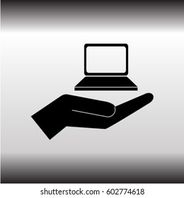 Notebook on the hand icon, present PC vector icon