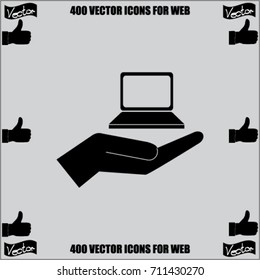 Notebook on the hand icon, present PC vector icon