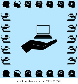 Notebook on the hand icon, present PC vector icon