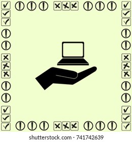 Notebook on the hand icon, present PC vector icon