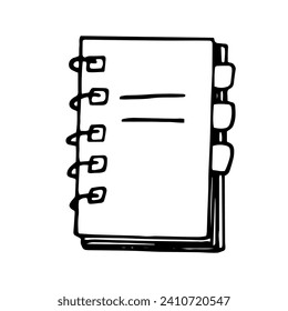 notebook on rings with bookmarks hand drawn in doodle style. minimalism, monochrome