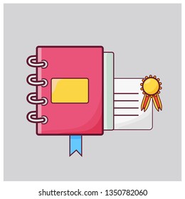 Notebook on the rings, spiral with a  diploma and award. Сartoon flat style rerto in vector illustration.

