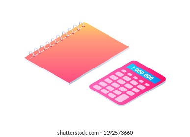 Notebook on spring and calculator isolated set vector cartoon banner. Neon spiral notepad, paper for writing and calculating tool, 3d isometric style