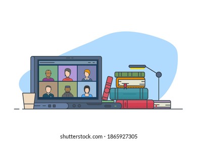 Notebook with online video conference or learning process. Flat style, thick and thin line design concept art. Pile of books and education. 