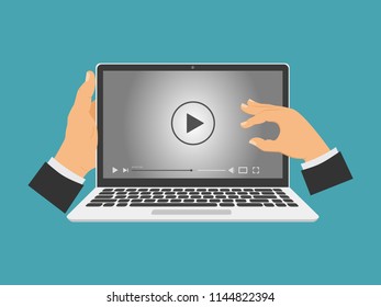 Notebook with online video in the hands of man. Vector illustration.