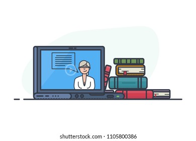 Notebook with online video with woman taking. Flat style, thick and thin line design concept art. Pile of books and magazines. Education concept. Reading and learning, watching tutorial video.
