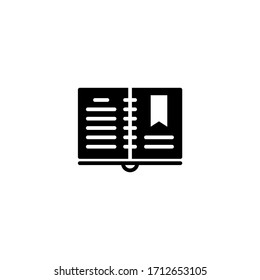 Bloc de notas abierto con icono de marcador en el diseño plano negro sólido aislado en fondo blanco