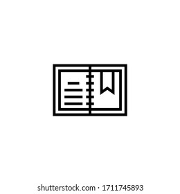 Notebook open with bookmark icon in linear, outline icon isolated on white background