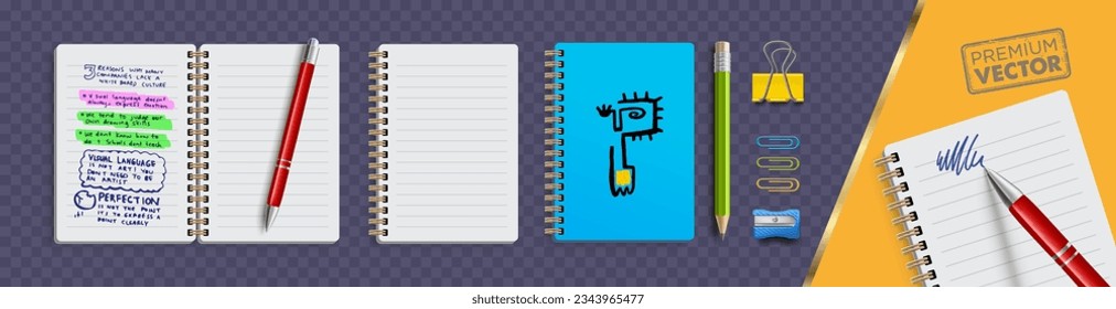 Notebook open closed cover pages ballpoint pen pencil sharpener paper clip Metal paper clip vector illustration